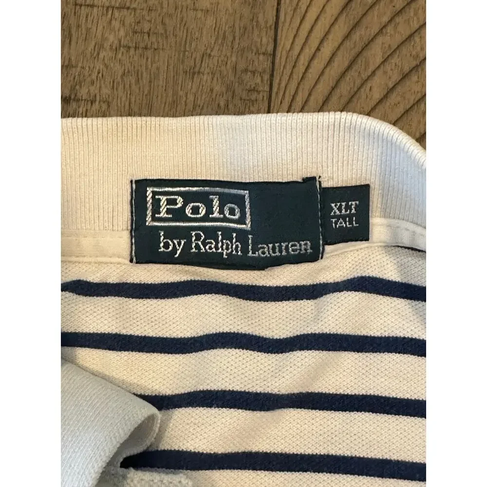 Polo Ralph Lauren Mens XLT Tall White Navy Striped SS Polo Shirt Cotton